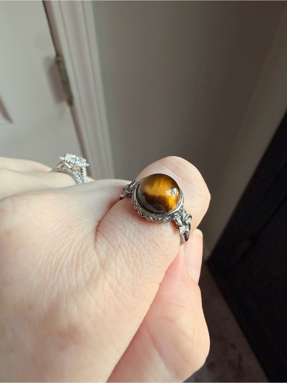 Silver Tiger's Eye Cabochon Ring - Brown Gemstone adjustable